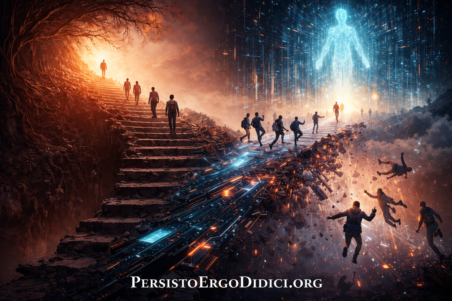 Visual representation of learning verification showing two paths: genuine capability persistence through independent learning (left, ascending stairs) versus AI-assisted performance collapse (right, disintegrating digital path) illustrating temporal testing reveals true learning from performance illusion