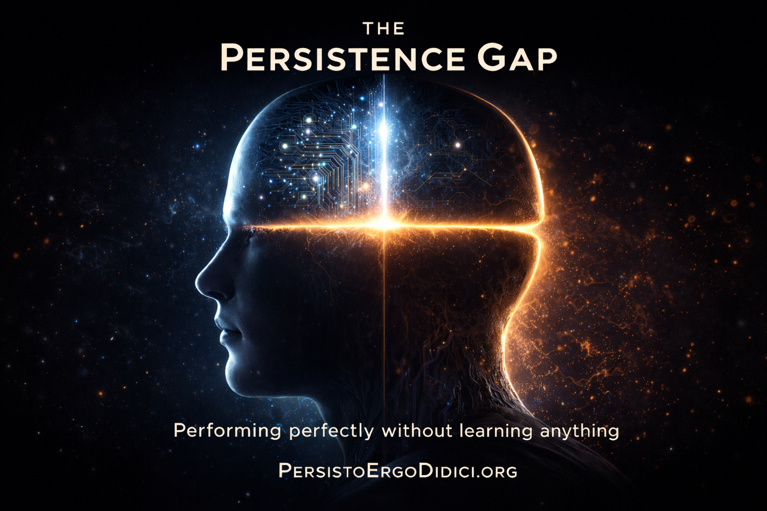 Human brain split in two showing AI-assisted performance versus independent capability illustrating the Persistence Gap
